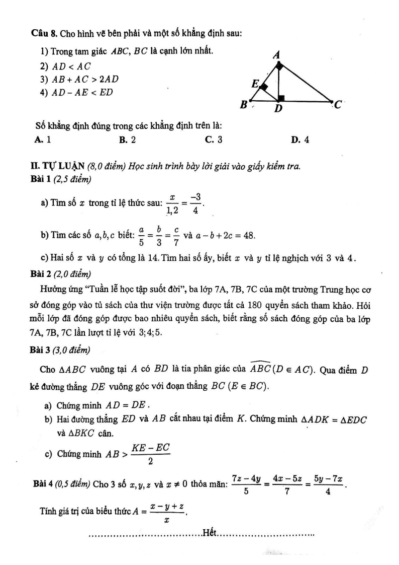 Đề thi Giữa kì 2 Toán 7 trường THCS Giảng Võ (Hà Nội) năm 2023-2024
