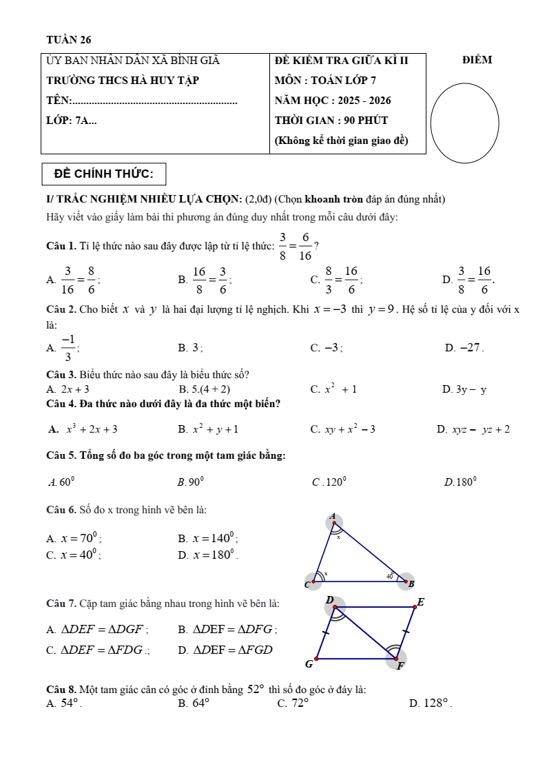Đề thi Giữa kì 2 Toán 7 trường THCS Hà Huy Tập (TP HCM) năm 2025-2026