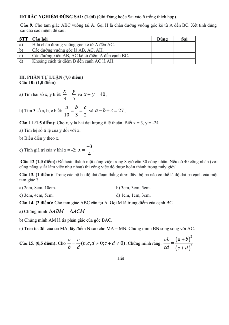 Đề thi Giữa kì 2 Toán 7 trường THCS Hà Huy Tập (TP HCM) năm 2025-2026