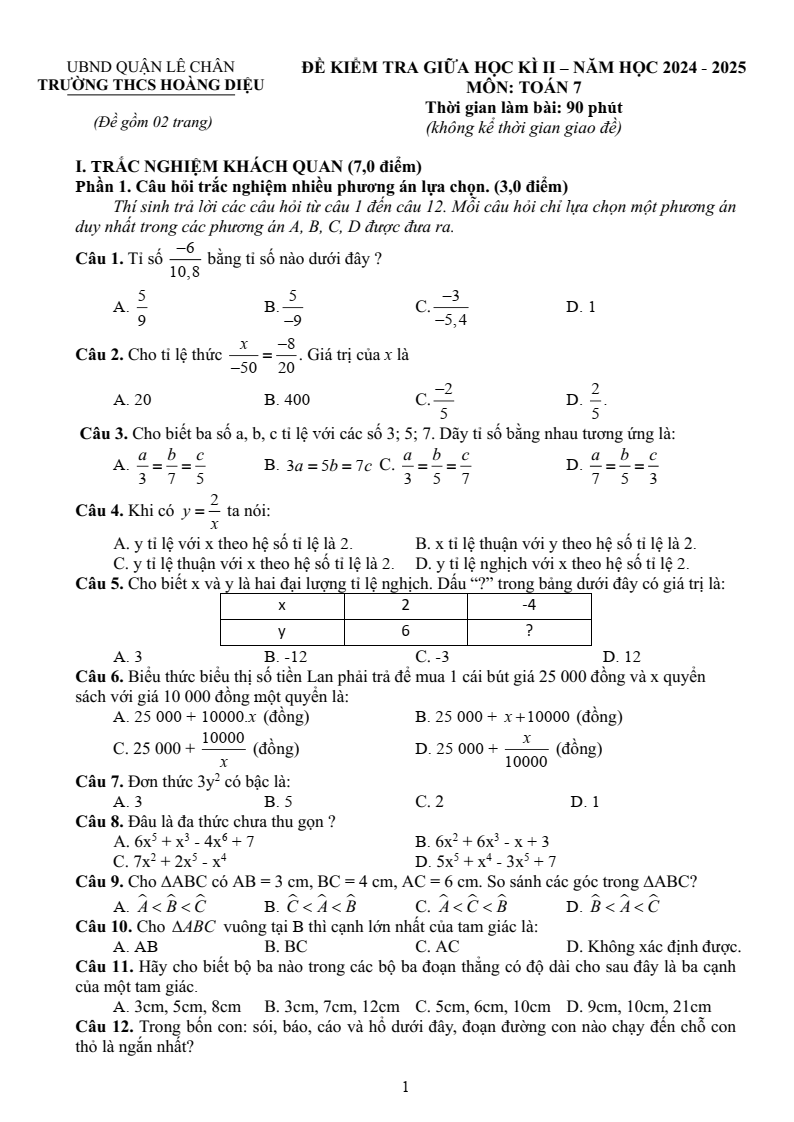 Đề thi Giữa kì 2 Toán 7 trường THCS Hoàng Diệu (Hải Phòng) năm 2024-2025