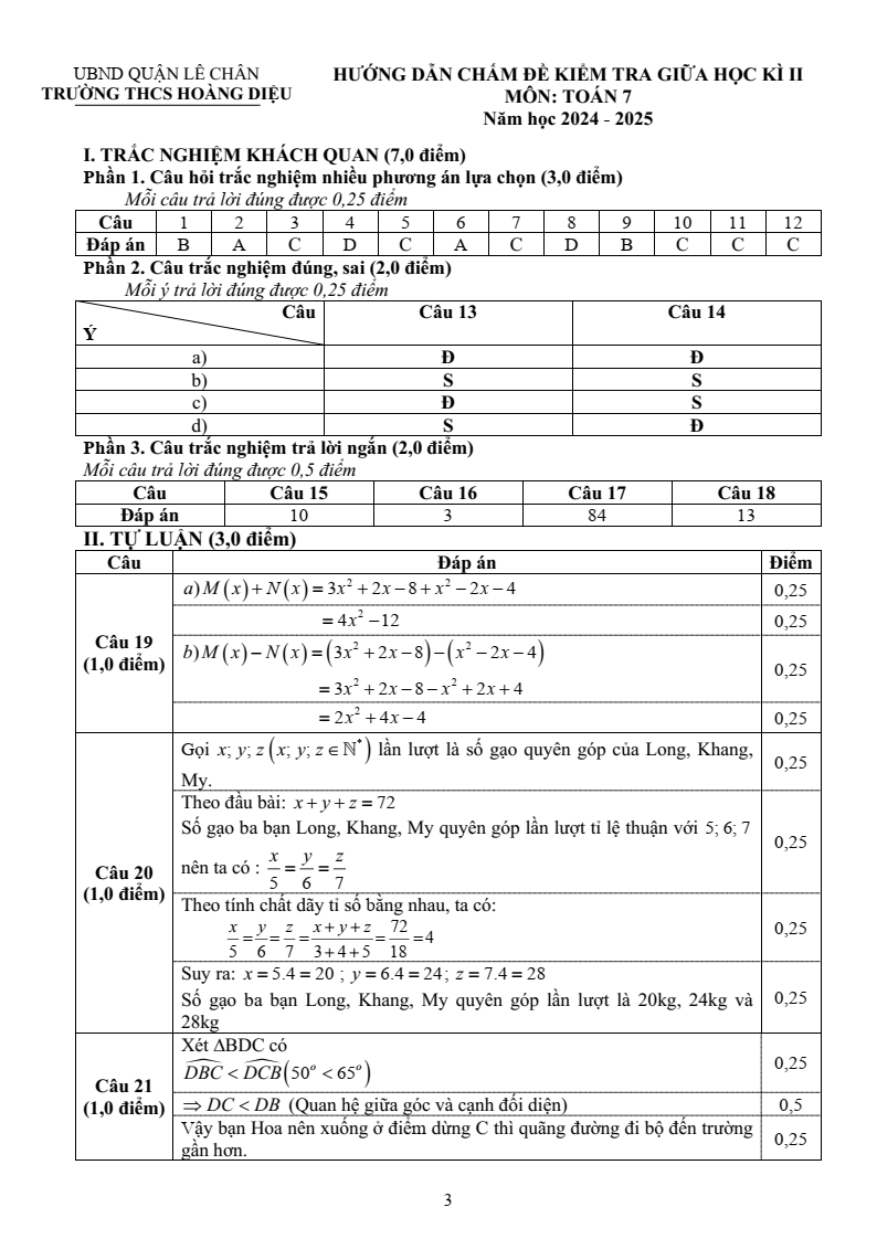Đề thi Giữa kì 2 Toán 7 trường THCS Hoàng Diệu (Hải Phòng) năm 2024-2025