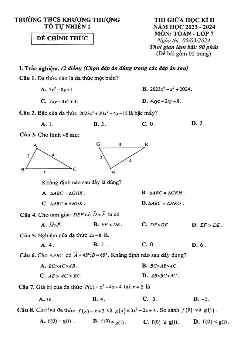 Đề thi Giữa kì 2 Toán 7 trường THCS Khương Thượng (Hà Nội) năm 2023-2024