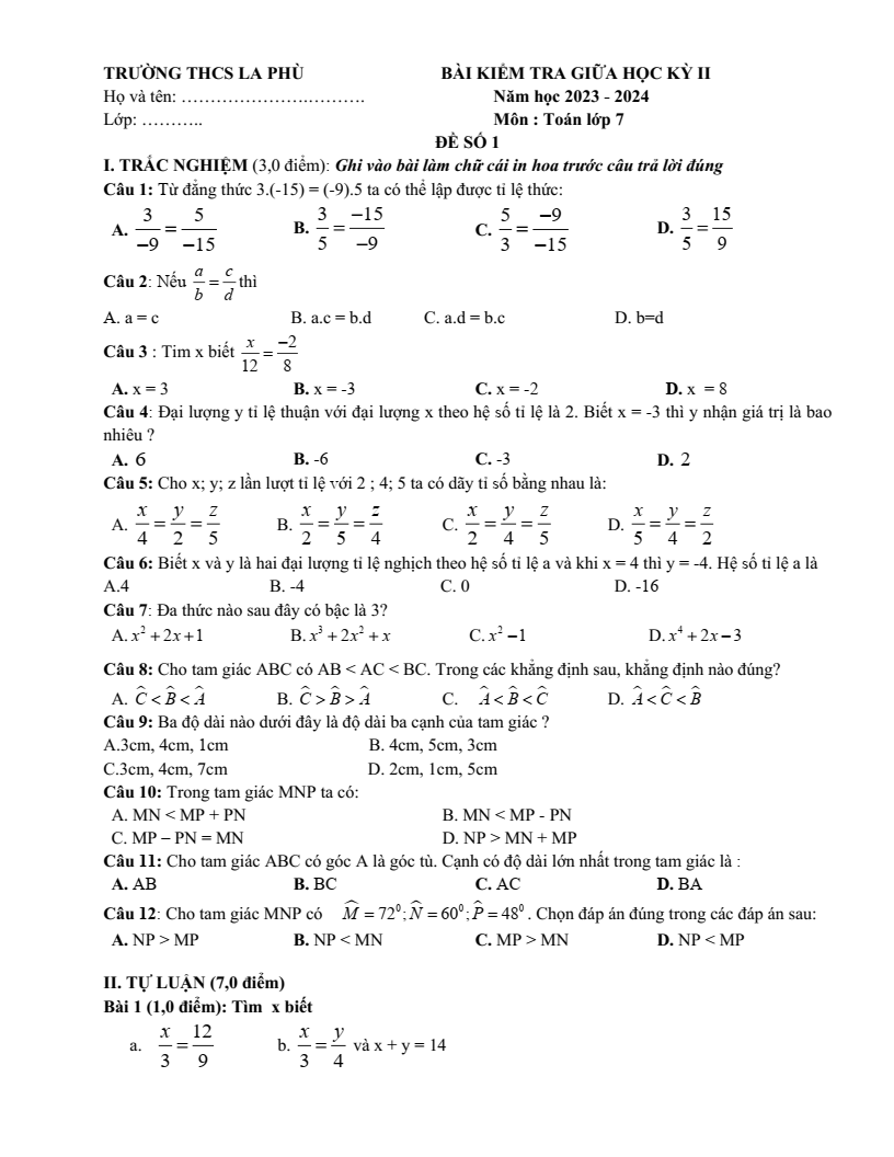 Đề thi Giữa kì 2 Toán 7 trường THCS La Phù (Hà Nội) năm 2023-2024
