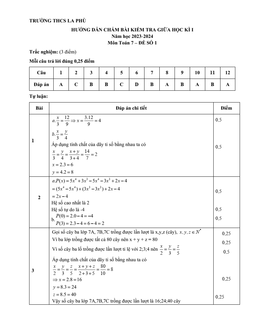Đề thi Giữa kì 2 Toán 7 trường THCS La Phù (Hà Nội) năm 2023-2024