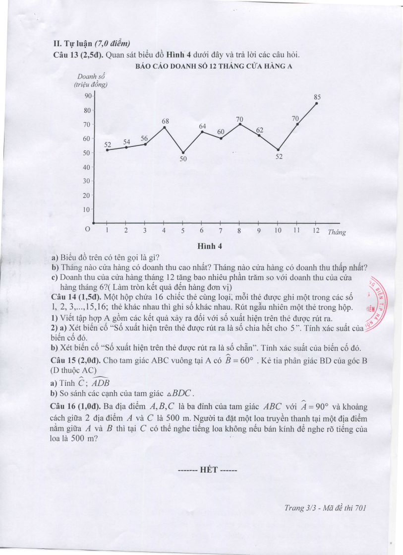 Đề thi Giữa kì 2 Toán 7 trường THCS Nguyễn Bỉnh Khiêm (Hà Nội) năm 2023-2024
