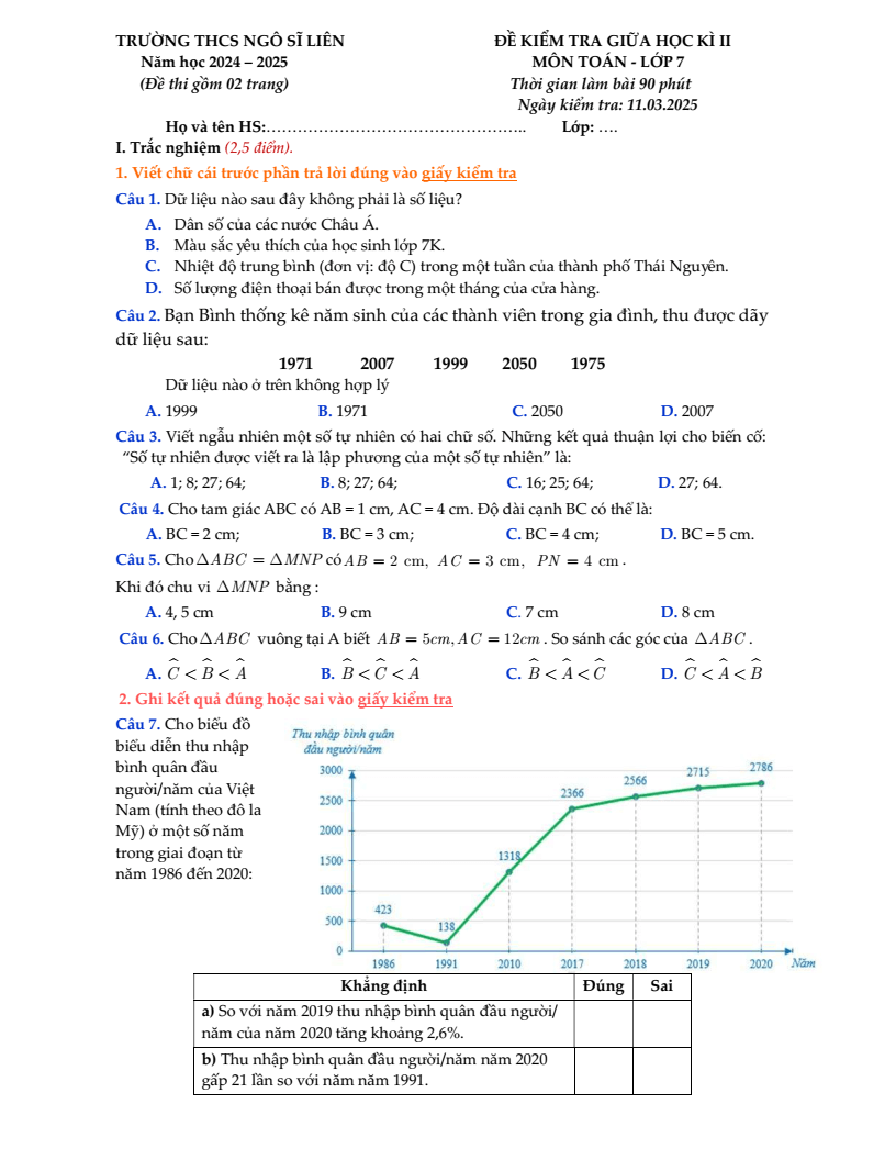 Đề thi Giữa kì 2 Toán 7 trường THCS Ngô Sĩ Liên (Hà Nội) năm 2024-2025