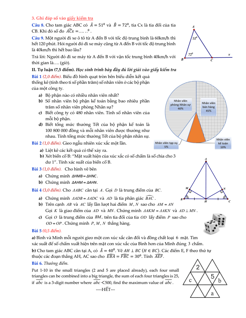 Đề thi Giữa kì 2 Toán 7 trường THCS Ngô Sĩ Liên (Hà Nội) năm 2024-2025