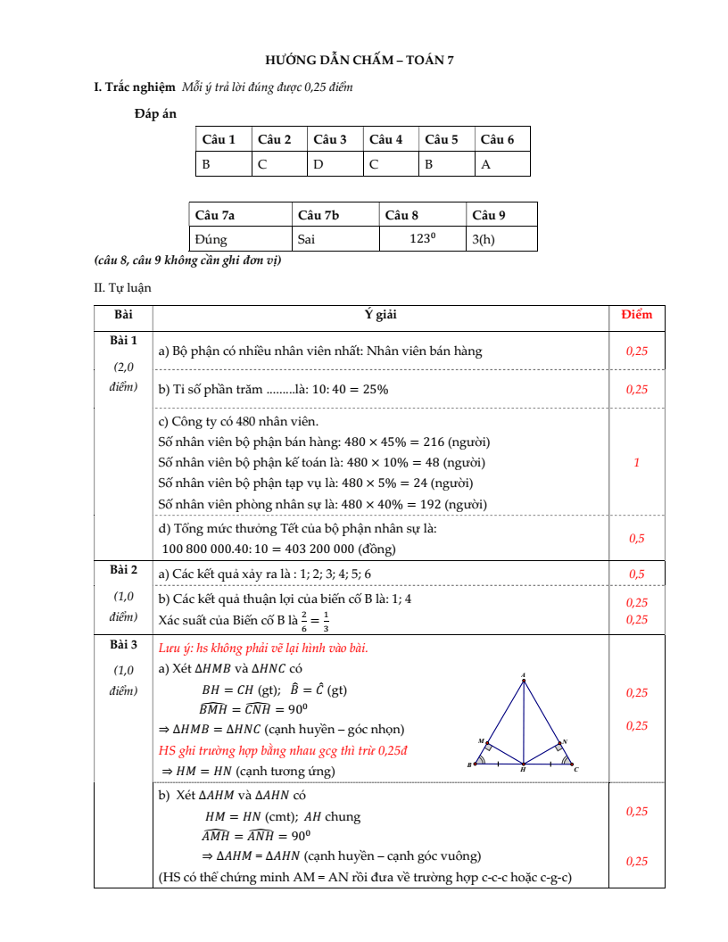 Đề thi Giữa kì 2 Toán 7 trường THCS Ngô Sĩ Liên (Hà Nội) năm 2024-2025