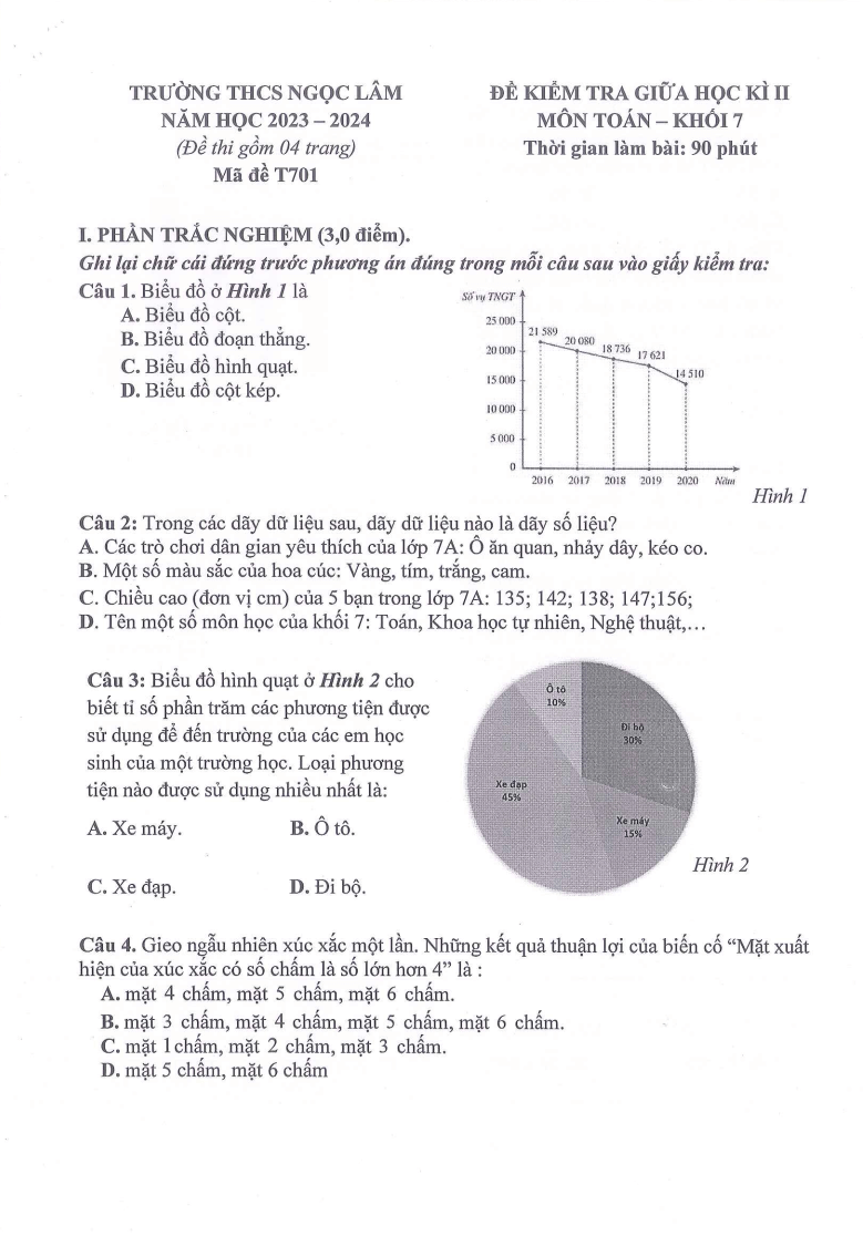 Đề thi Giữa kì 2 Toán 7 trường THCS Ngọc Lâm (Hà Nội) năm 2023-2024