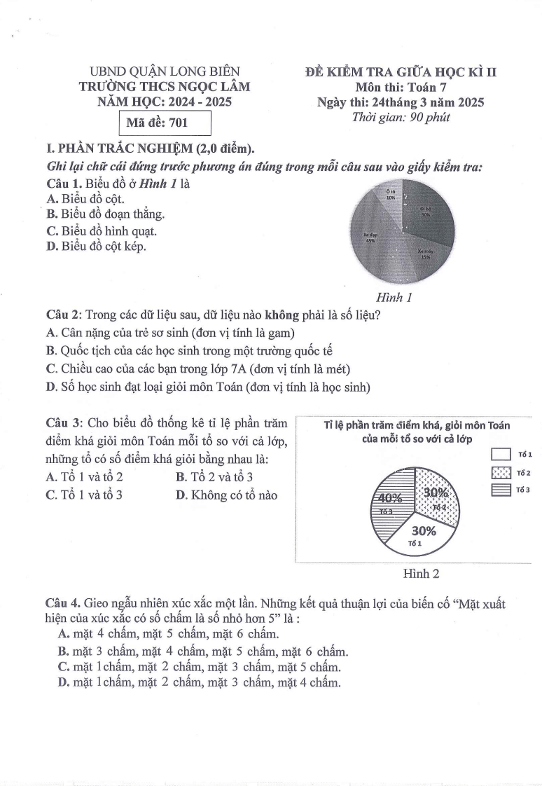 Đề thi Giữa kì 2 Toán 7 trường THCS Ngọc Lâm (Hà Nội) năm 2024-2025