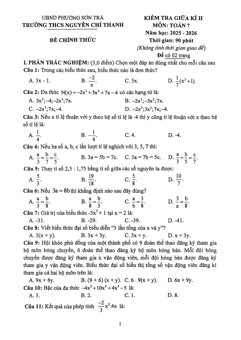 Đề thi Giữa kì 2 Toán 7 trường THCS Nguyễn Chí Thanh (Đà Nẵng) năm 2025-2026