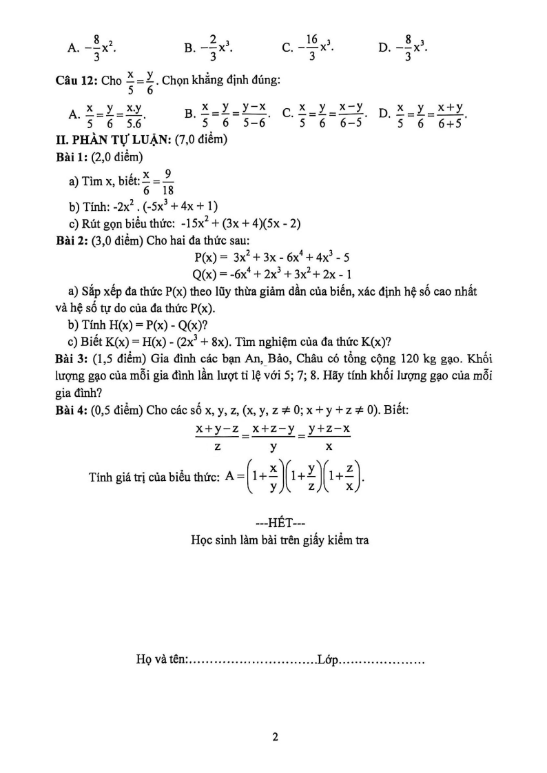 Đề thi Giữa kì 2 Toán 7 trường THCS Nguyễn Chí Thanh (Đà Nẵng) năm 2025-2026