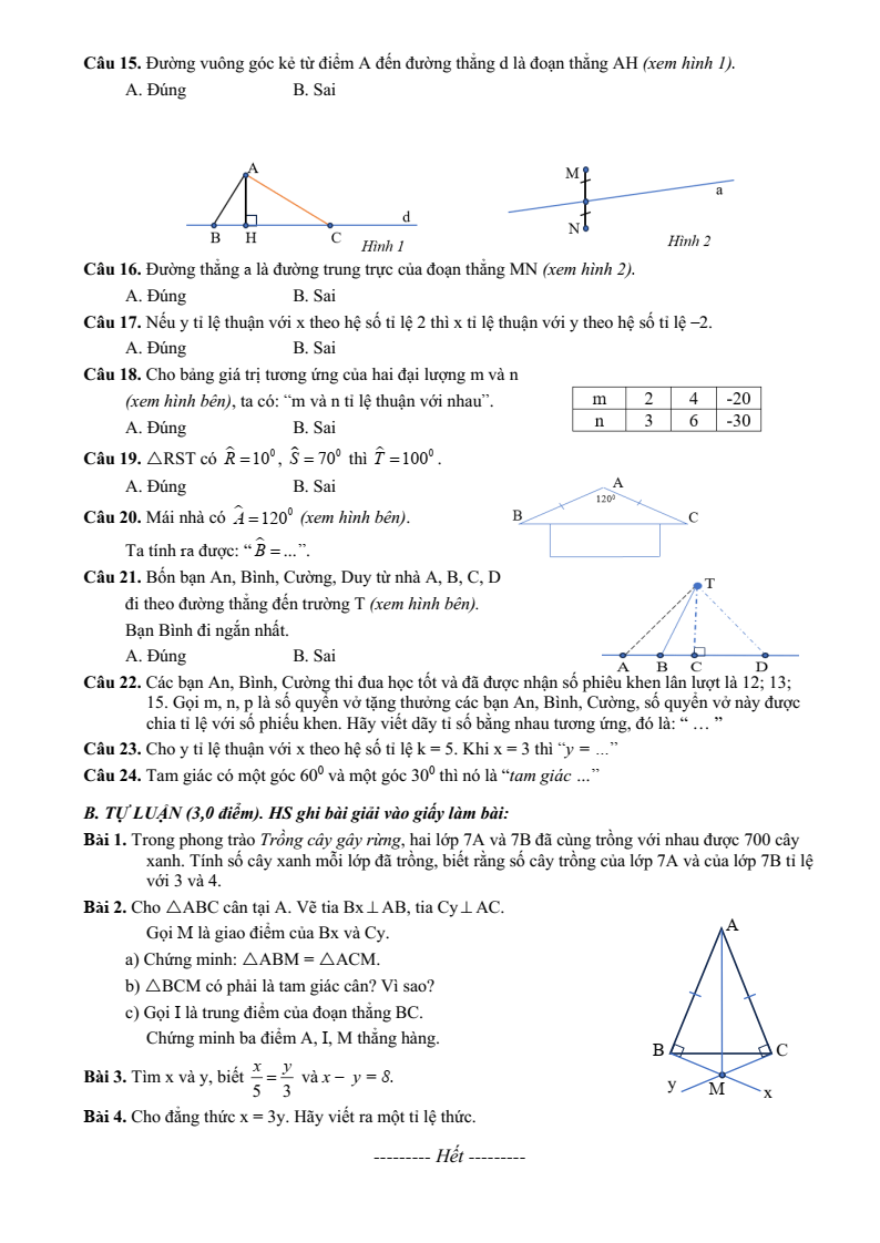 Đề thi Giữa kì 2 Toán 7 trường THCS Nguyễn Huệ (Bà Rịa - Vũng Tàu) năm 2024-2025