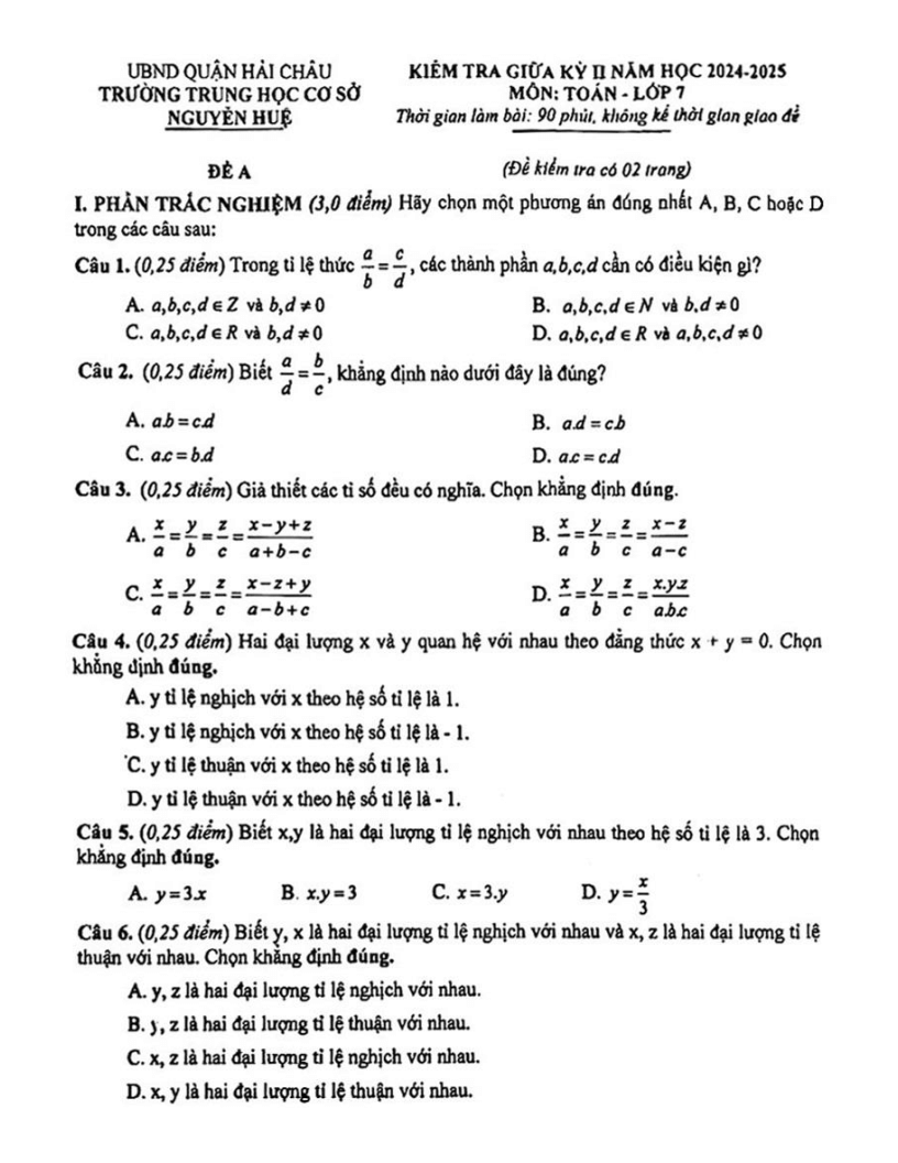 Đề thi Giữa kì 2 Toán 7 trường THCS Nguyễn Huệ (Đà Nẵng) năm 2024-2025