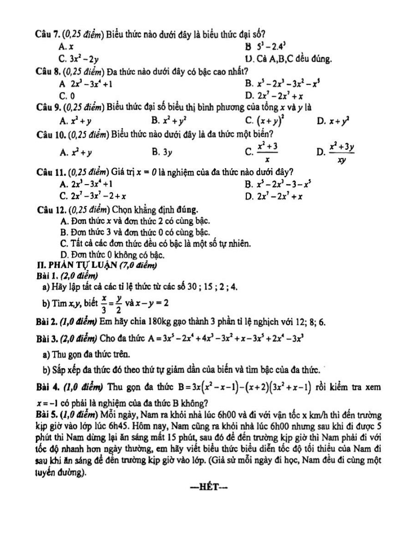Đề thi Giữa kì 2 Toán 7 trường THCS Nguyễn Huệ (Đà Nẵng) năm 2024-2025