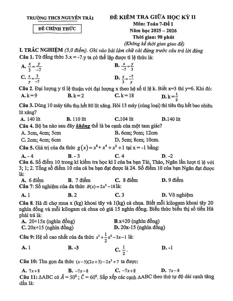 Đề thi Giữa kì 2 Toán 7 trường THCS Nguyễn Trãi (Hà Nội) năm 2025-2026