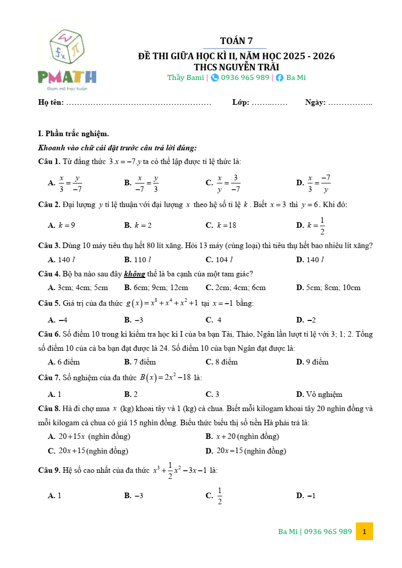 Đề thi Giữa kì 2 Toán 7 trường THCS Nguyễn Trãi (Hà Nội) năm 2025-2026