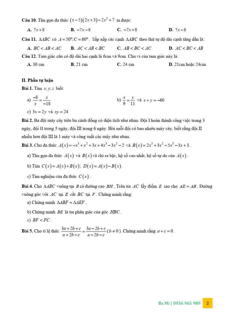 Đề thi Giữa kì 2 Toán 7 trường THCS Nguyễn Trãi (Hà Nội) năm 2025-2026