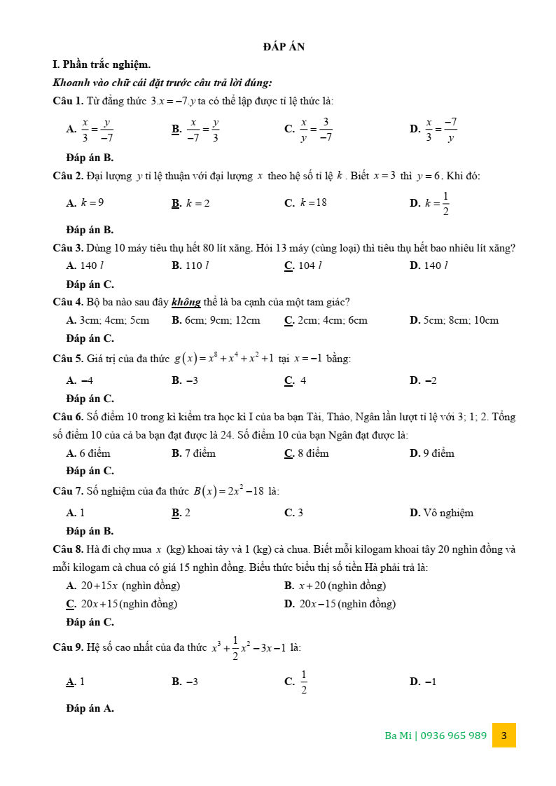 Đề thi Giữa kì 2 Toán 7 trường THCS Nguyễn Trãi (Hà Nội) năm 2025-2026