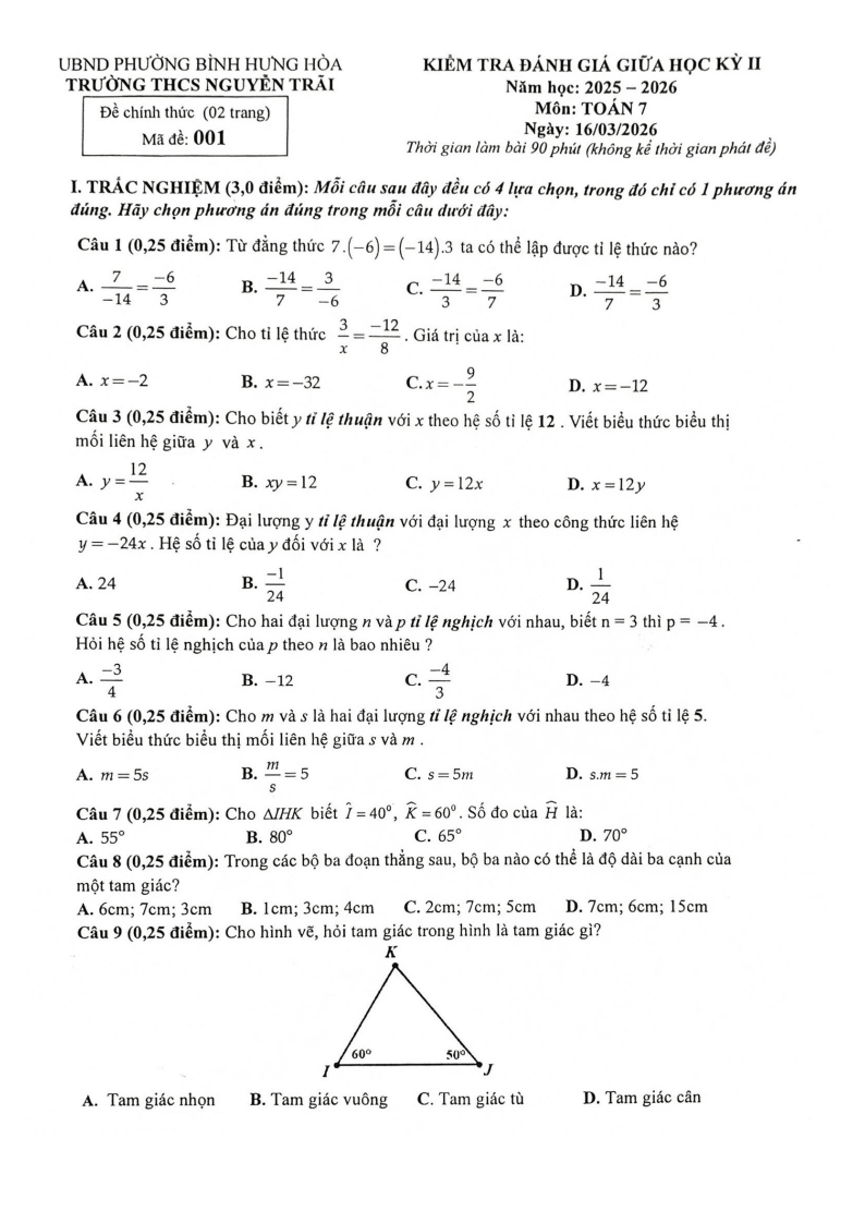 Đề thi Giữa kì 2 Toán 7 trường THCS Nguyễn Trãi (TP HCM) năm 2025-2026