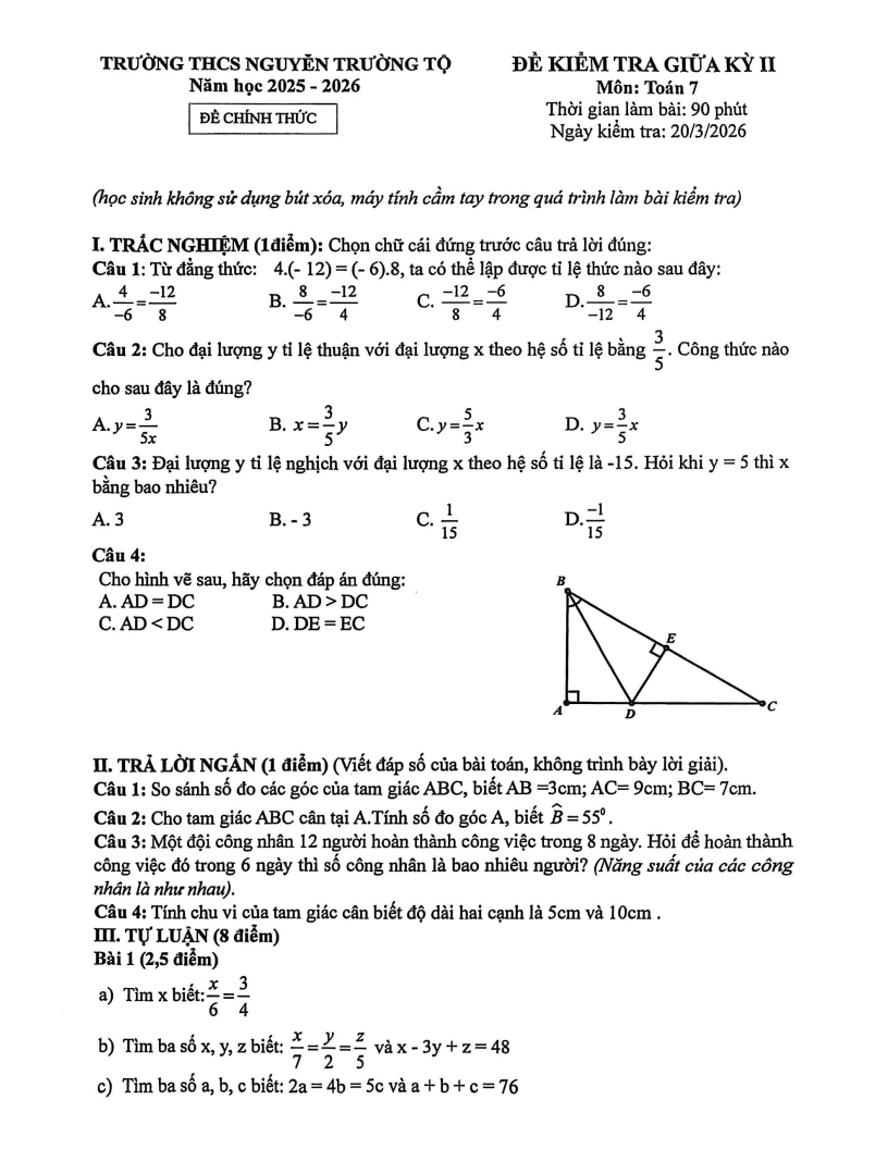 Đề thi Giữa kì 2 Toán 7 trường THCS Nguyễn Trường Tộ (Hà Nội) năm 2025-2026