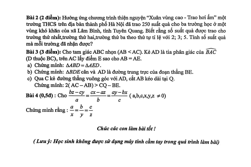 Đề thi Giữa kì 2 Toán 7 trường THCS Nguyễn Trường Tộ (Hà Nội) năm 2025-2026