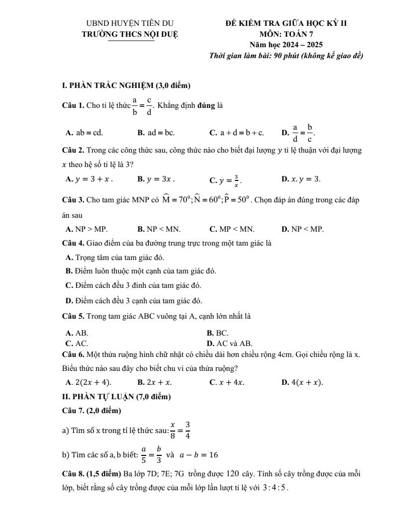 Đề thi Giữa kì 2 Toán 7 trường THCS Nội Duệ (Bắc Ninh) năm 2024-2025