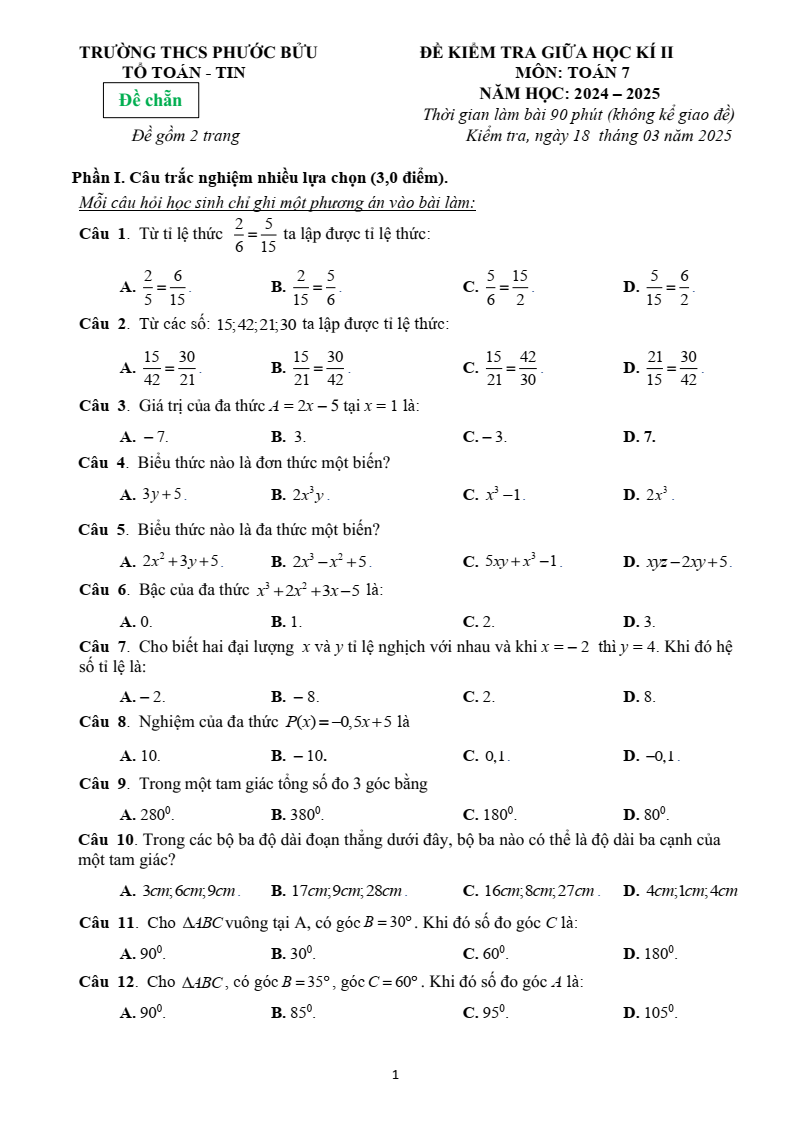 Đề thi Giữa kì 2 Toán 7 trường THCS Phước Bửu (Bà Rịa - Vũng Tàu) năm 2024-2025