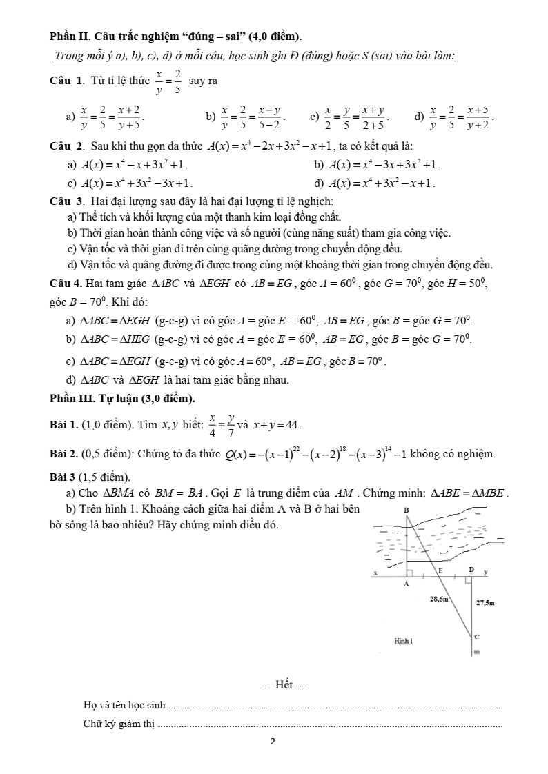 Đề thi Giữa kì 2 Toán 7 trường THCS Phước Bửu (Bà Rịa - Vũng Tàu) năm 2024-2025