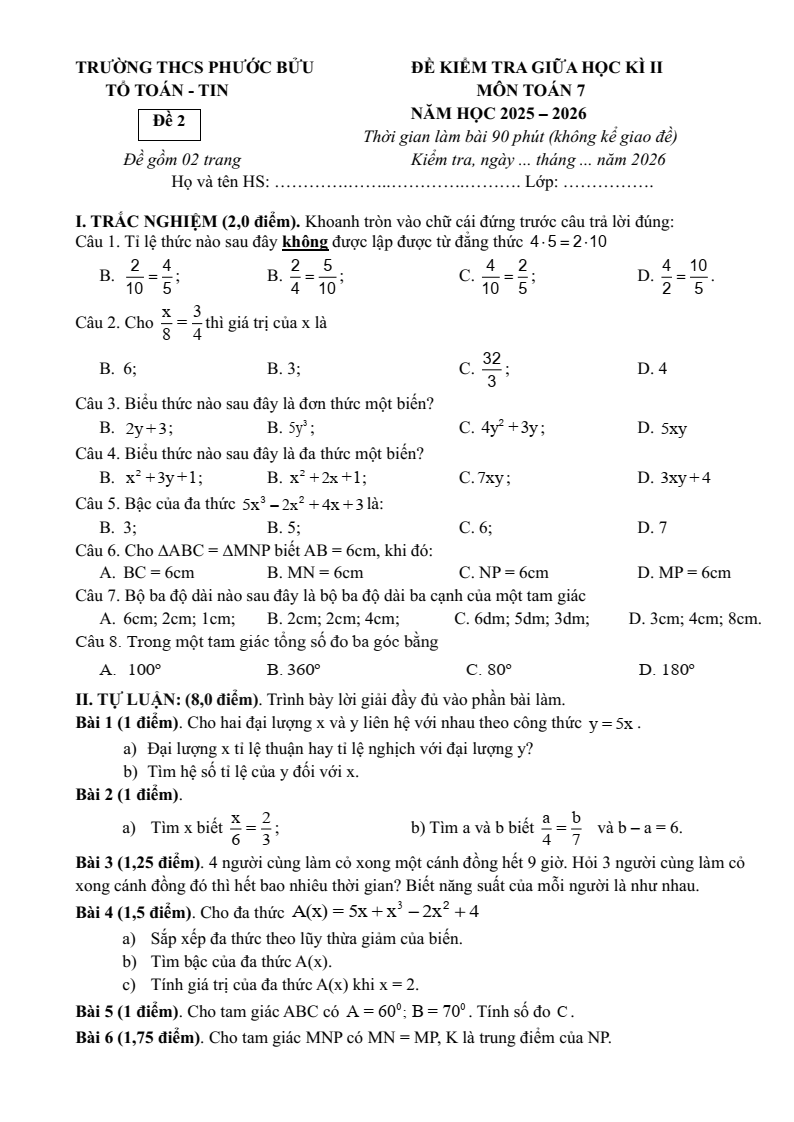 Đề thi Giữa kì 2 Toán 7 trường THCS Phước Bửu (TP HCM) năm 2025-2026