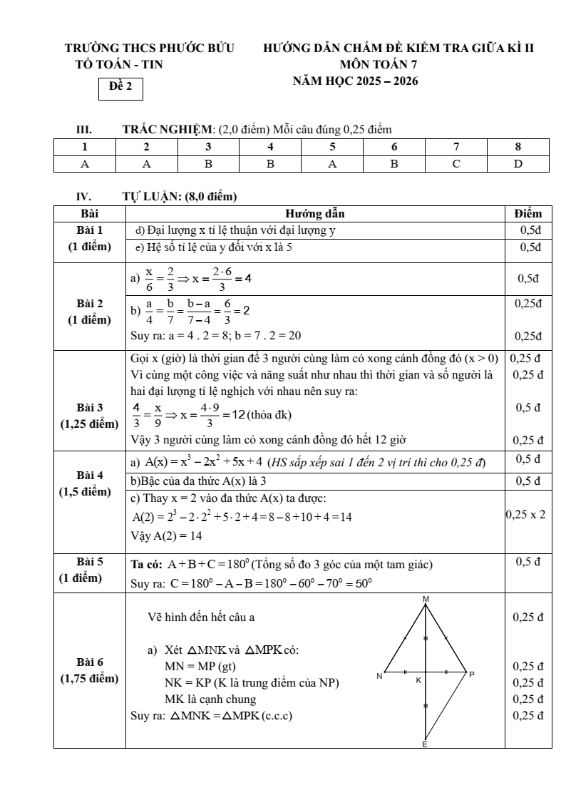 Đề thi Giữa kì 2 Toán 7 trường THCS Phước Bửu (TP HCM) năm 2025-2026