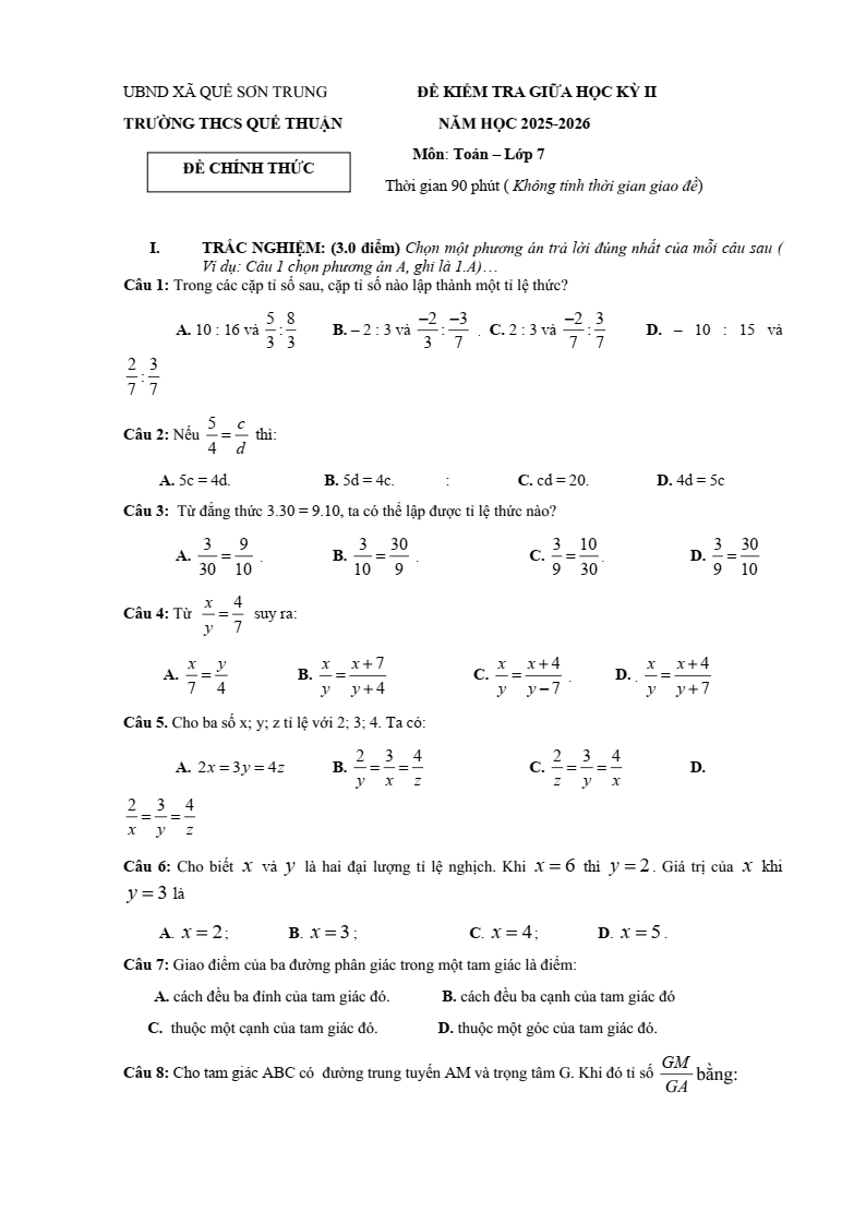 Đề thi Giữa kì 2 Toán 7 trường THCS Quế Thuận (Đà Nẵng) năm 2025-2026