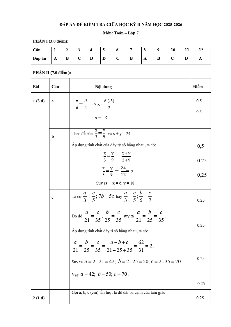 Đề thi Giữa kì 2 Toán 7 trường THCS Quế Thuận (Đà Nẵng) năm 2025-2026