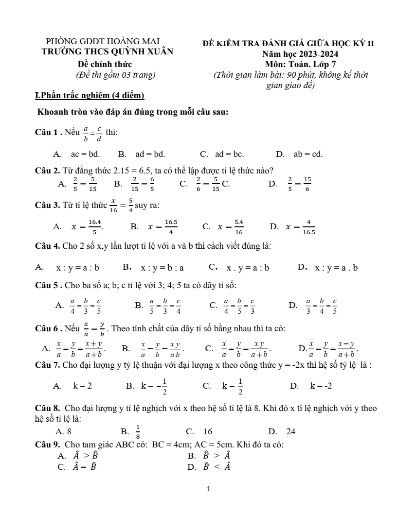 Đề thi Giữa kì 2 Toán 7 trường THCS Quỳnh Xuân (Nghệ An) năm 2023-2024