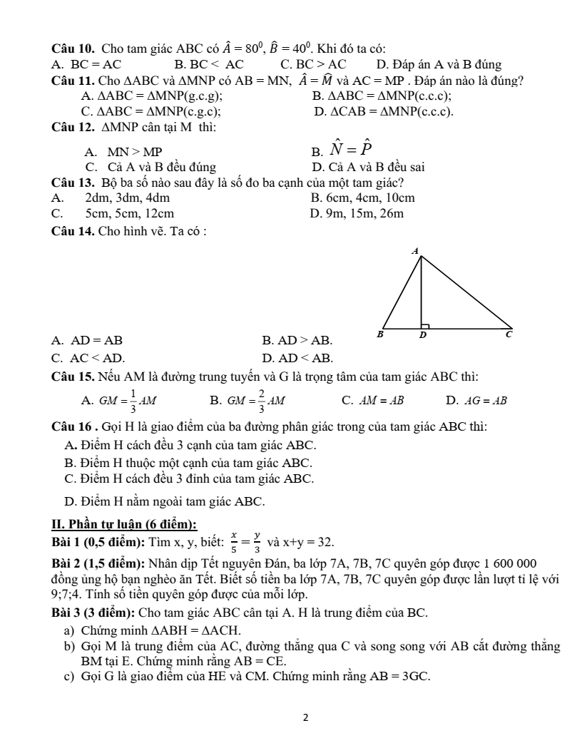 Đề thi Giữa kì 2 Toán 7 trường THCS Quỳnh Xuân (Nghệ An) năm 2023-2024