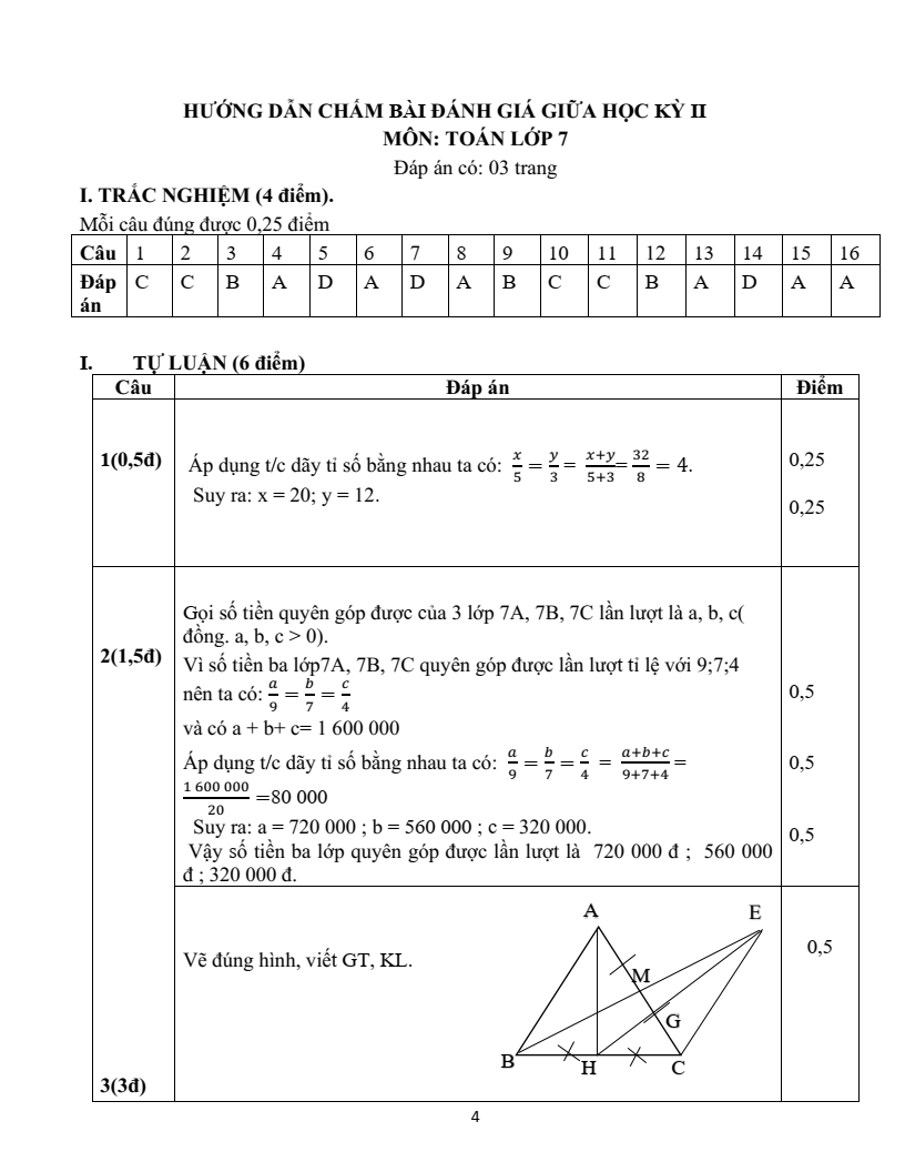 Đề thi Giữa kì 2 Toán 7 trường THCS Quỳnh Xuân (Nghệ An) năm 2023-2024