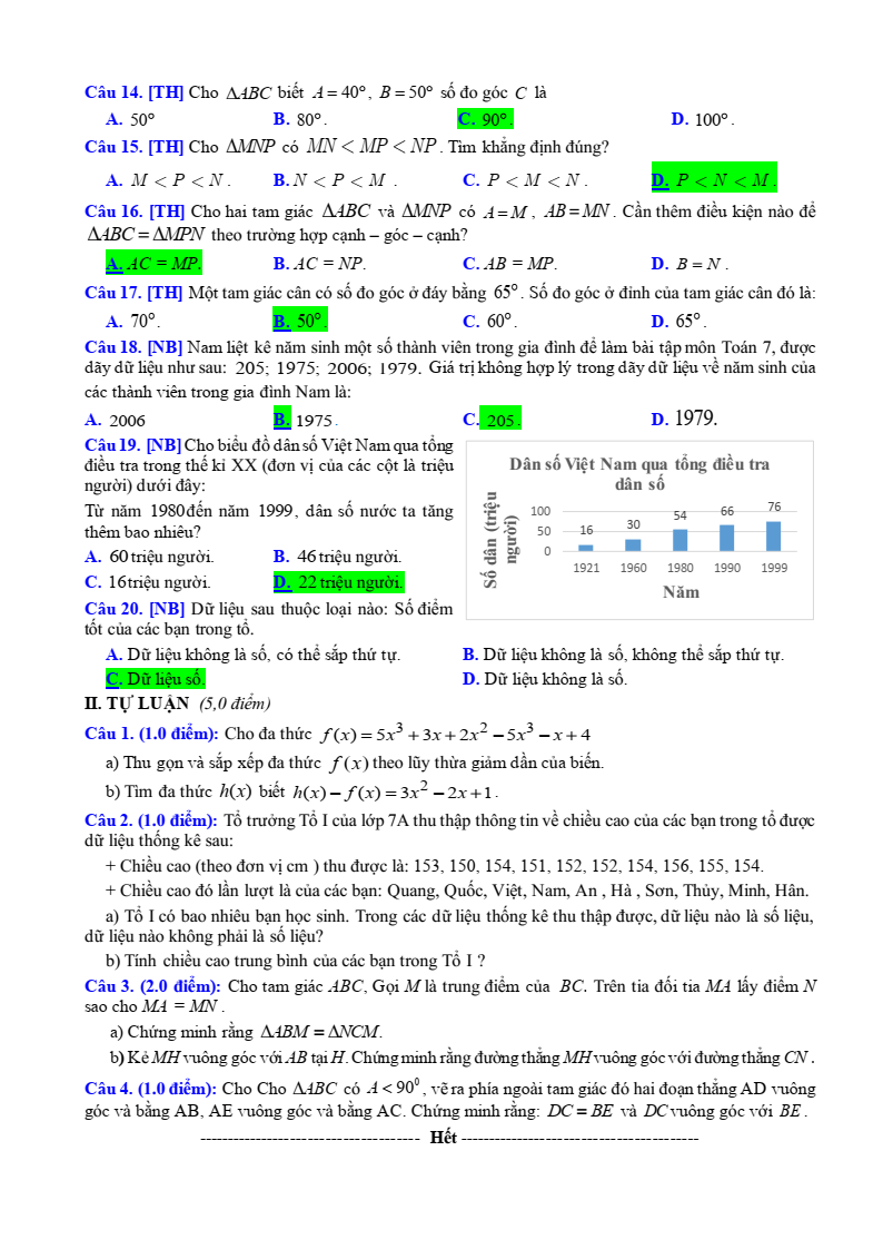 Đề thi Giữa kì 2 Toán 7 trường THCS Song Mai (Bắc Giang) năm 2023-2024