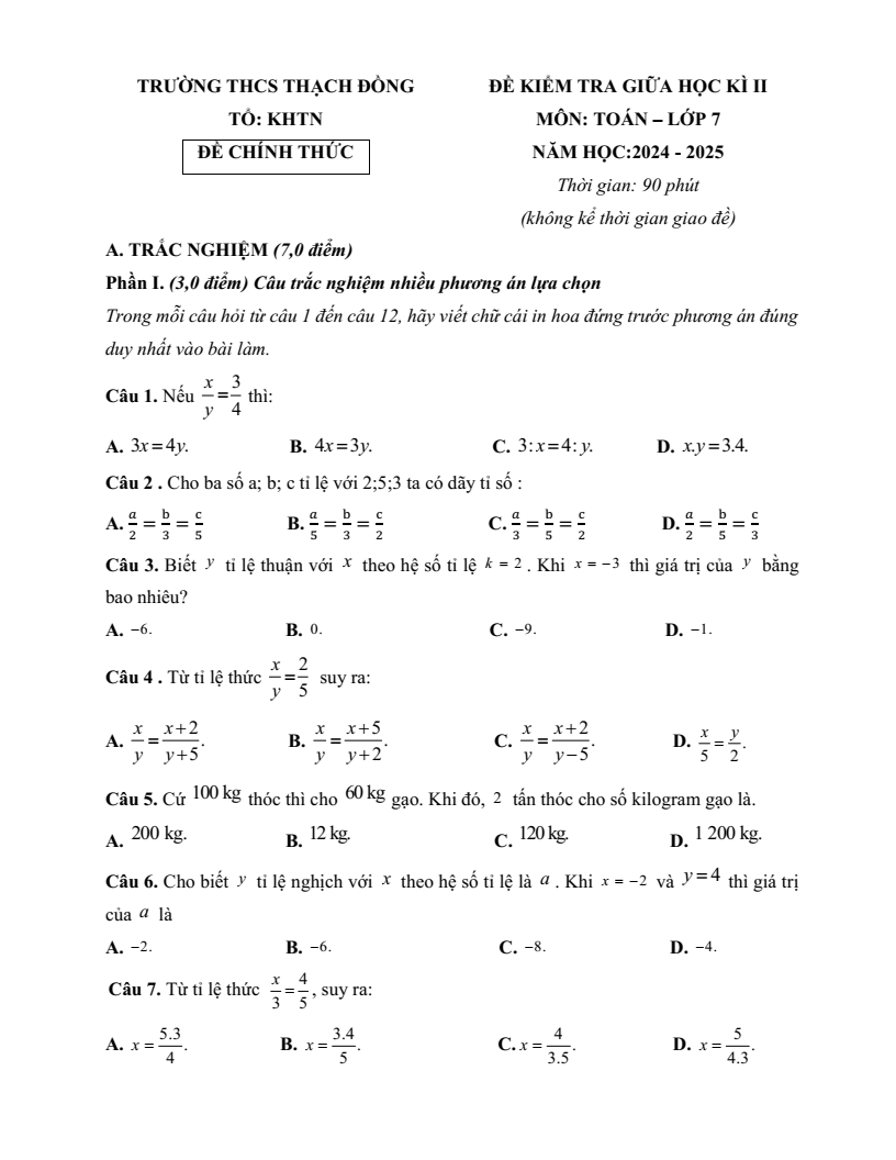 Đề thi Giữa kì 2 Toán 7 trường THCS Thạch Đồng (Phú Thọ) năm 2024-2025
