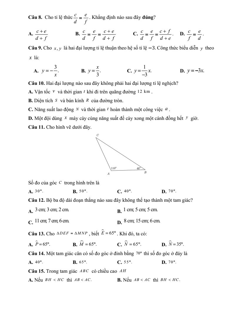 Đề thi Giữa kì 2 Toán 7 trường THCS Thạch Đồng (Phú Thọ) năm 2024-2025