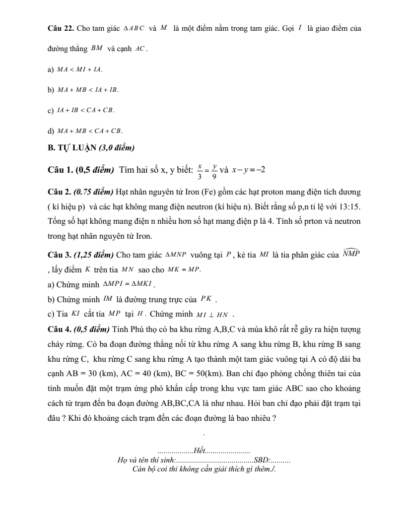 Đề thi Giữa kì 2 Toán 7 trường THCS Thạch Đồng (Phú Thọ) năm 2024-2025