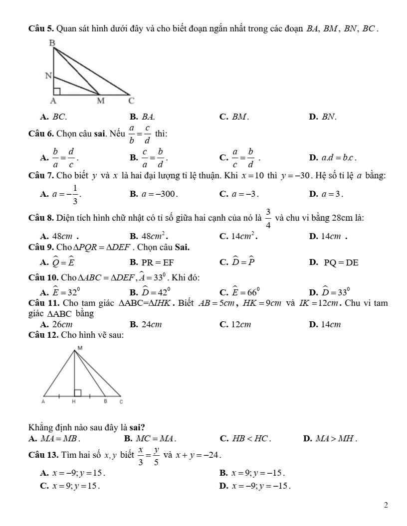 Đề thi Giữa kì 2 Toán 7 trường THCS&THPT Vàm Đình (Cà Mau) năm 2023-2024