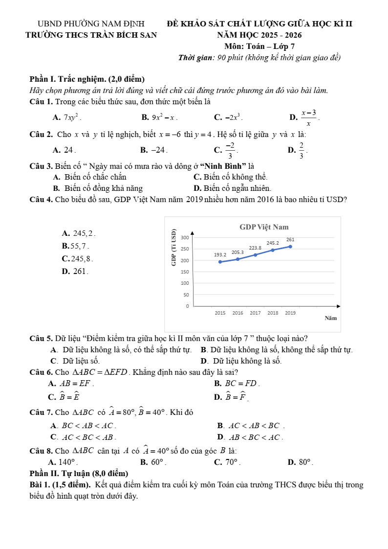 Đề thi Giữa kì 2 Toán 7 trường THCS Trần Bích San (Ninh Bình) năm 2025-2026