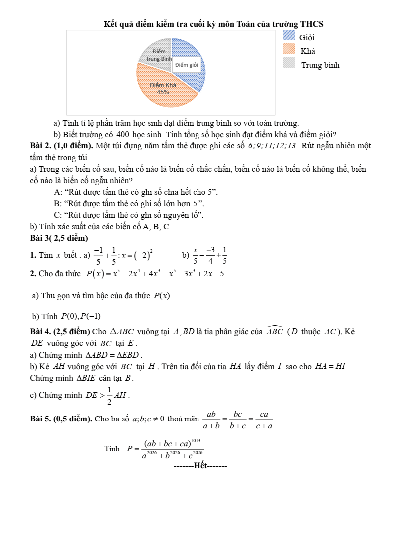 Đề thi Giữa kì 2 Toán 7 trường THCS Trần Bích San (Ninh Bình) năm 2025-2026