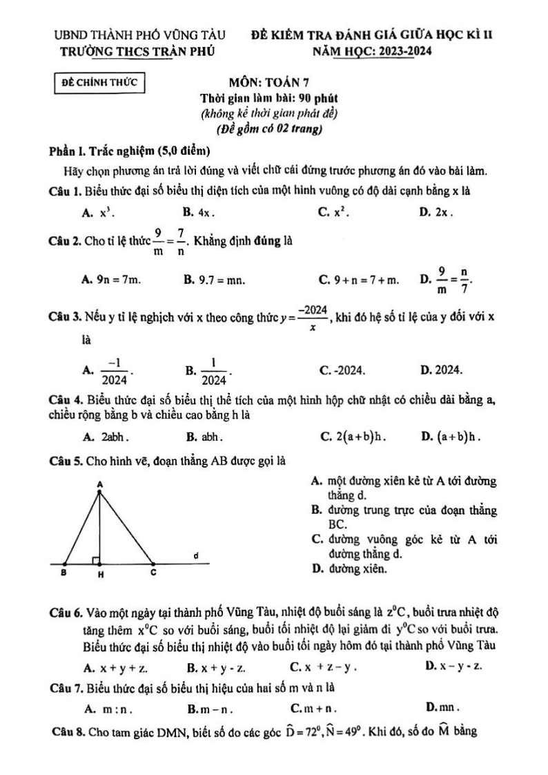 Đề thi Giữa kì 2 Toán 7 trường THCS Trần Phú (Bà Rịa - Vũng Tàu) năm 2023-2024