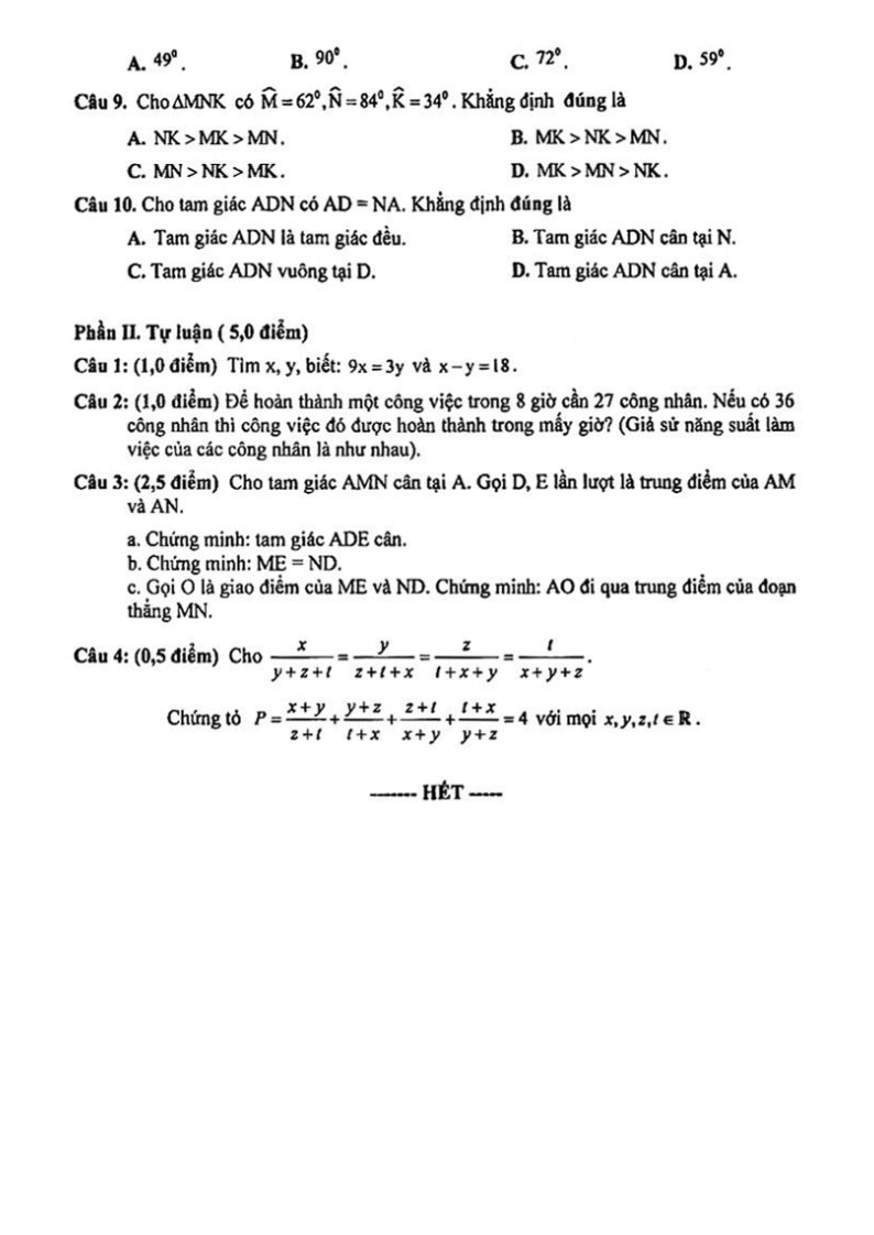 Đề thi Giữa kì 2 Toán 7 trường THCS Trần Phú (Bà Rịa - Vũng Tàu) năm 2023-2024