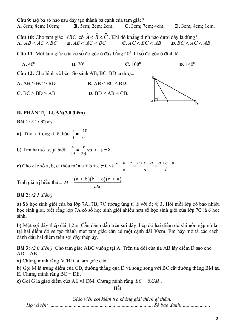 Đề thi Giữa kì 2 Toán 7 trường THCS Trần Phú (Quảng Nam) năm 2024-2025