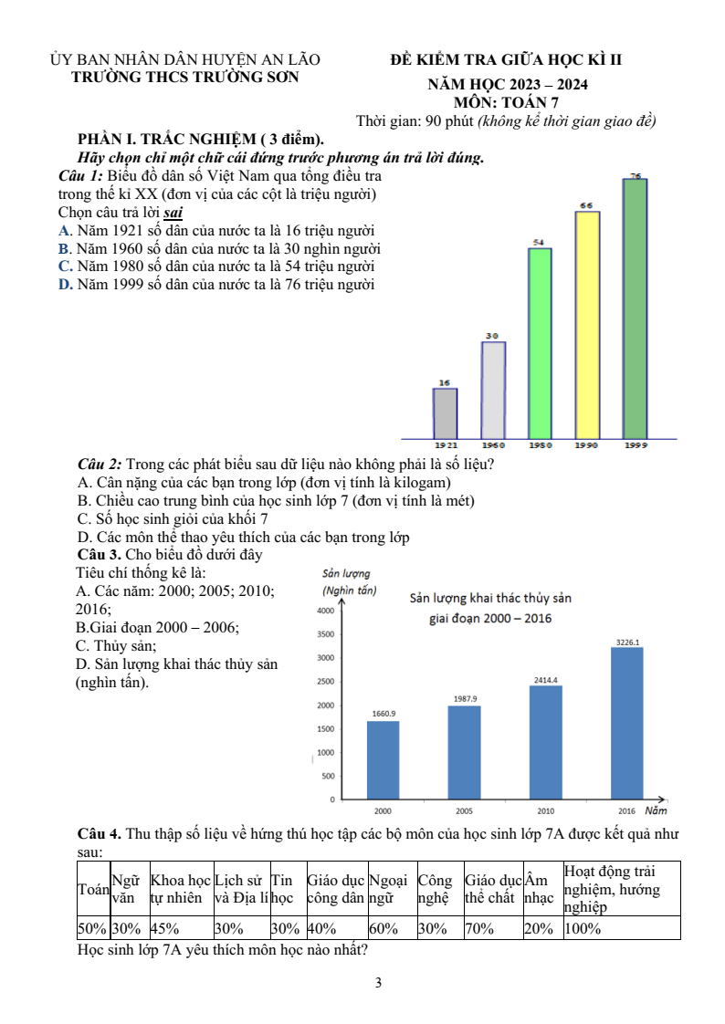 Đề thi Giữa kì 2 Toán 7 trường THCS Trường Sơn (Hải Phòng) năm 2023-2024