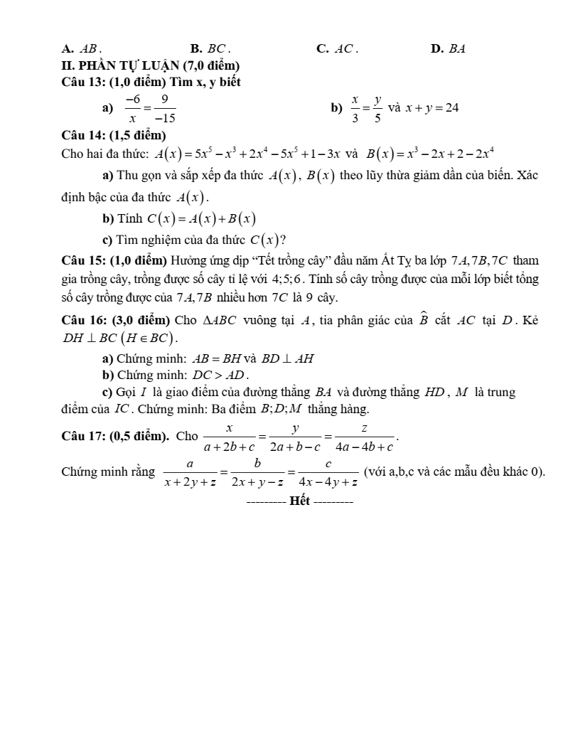 Đề thi Giữa kì 2 Toán 7 trường THCS Uy Nỗ (Hà Nội) năm 2024-2025