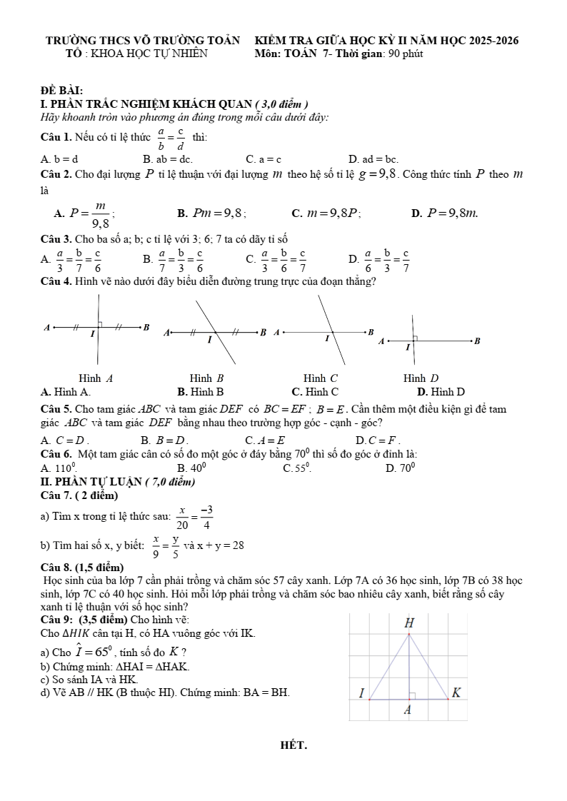Đề thi Giữa kì 2 Toán 7 trường THCS Võ Trường Toản (TP HCM) năm 2025-2026