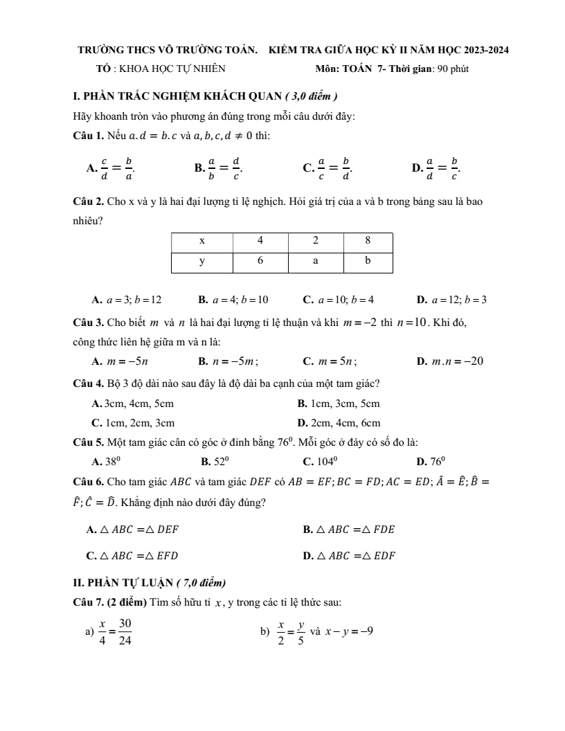 Đề thi Giữa kì 2 Toán 7 trường THCS Võ Trường Toản (Bà Rịa - Vũng Tàu) năm 2023-2024
